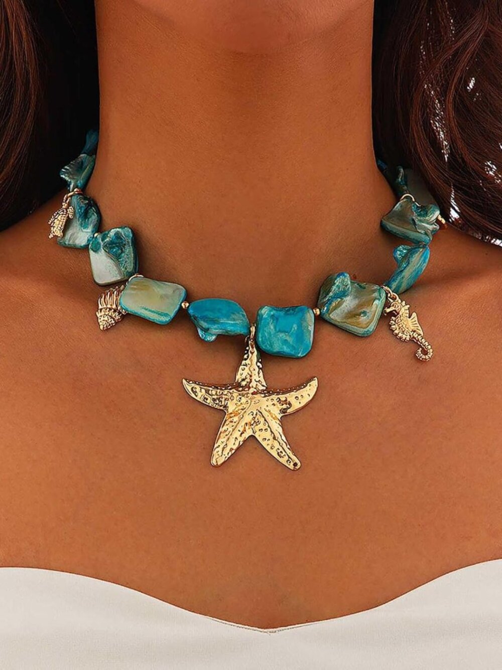 Starfish Shell Necklace Gold Seashell Pendant Necklaces Summer Charm Trendy Chok - Picture 4 of 7